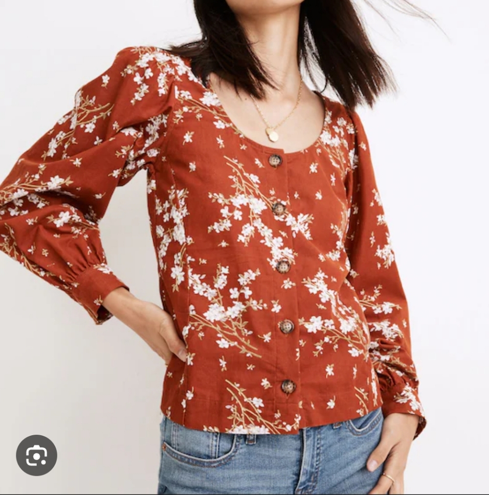 Madewell Corduroy Shirred-Sleeve Button-Front Top In Farmstand Bouquet Rusty